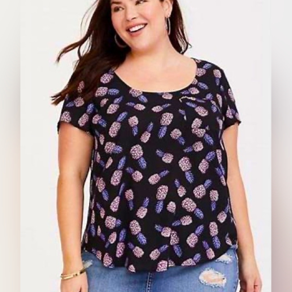 Torrid Black Purple Pineapple Print Georgette Button Back Blouse 3X 22 24